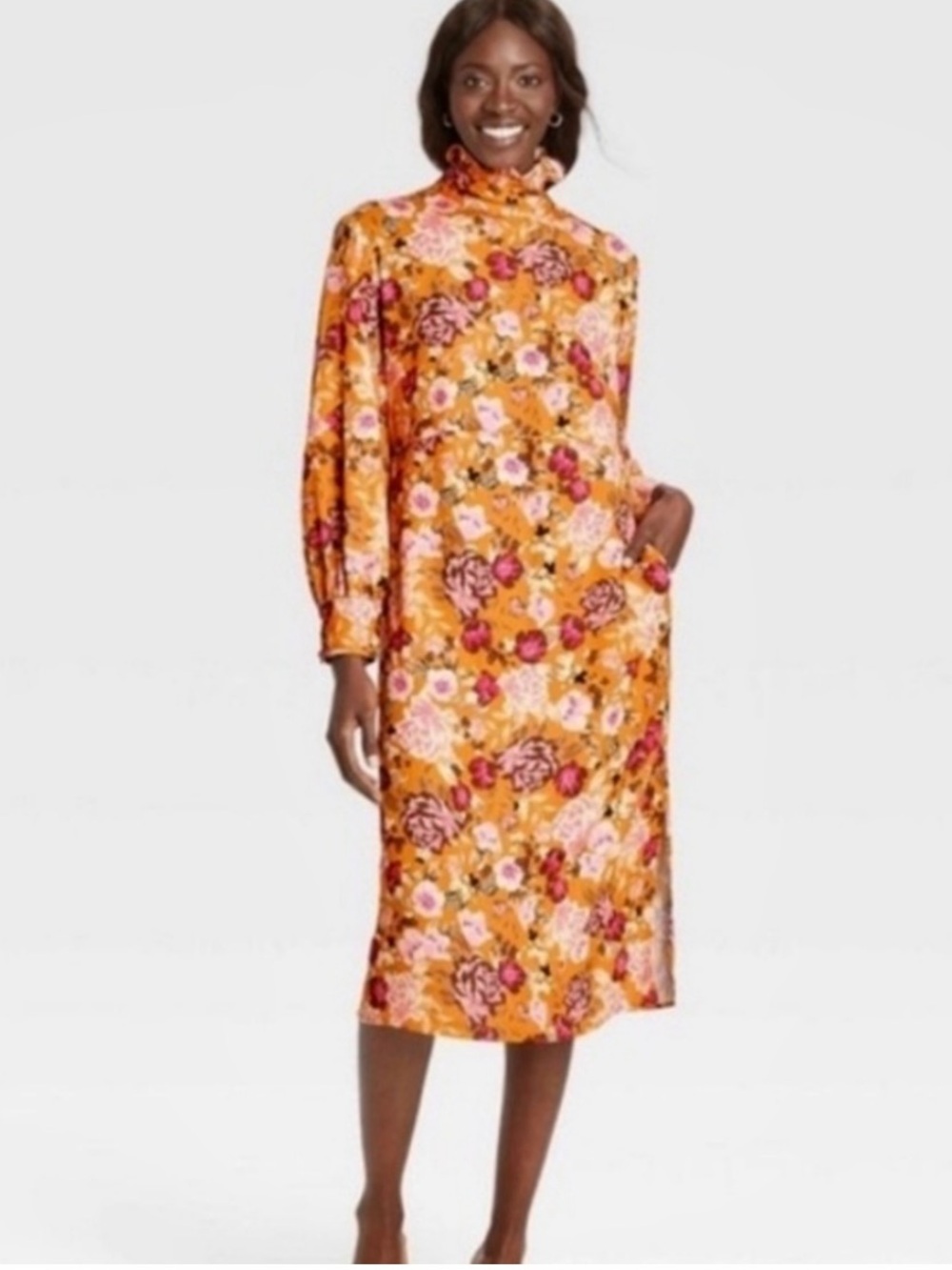 Who What Wear Grandmacore Vibrant Floral Long Sleeve High Neck Shift Dress Sz M